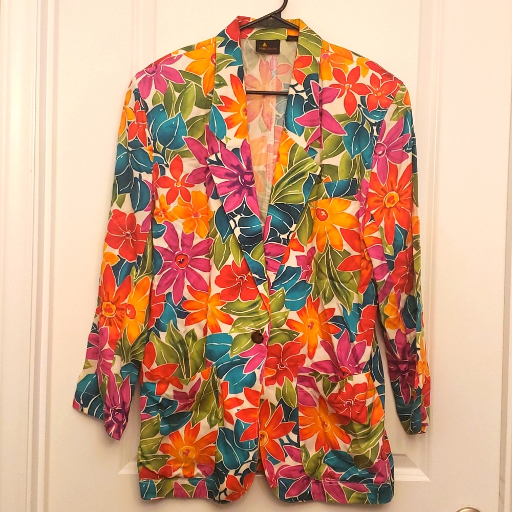Vintage Liz Sport Floral Blazer One Button 3 Pocket Multicolored Size Small